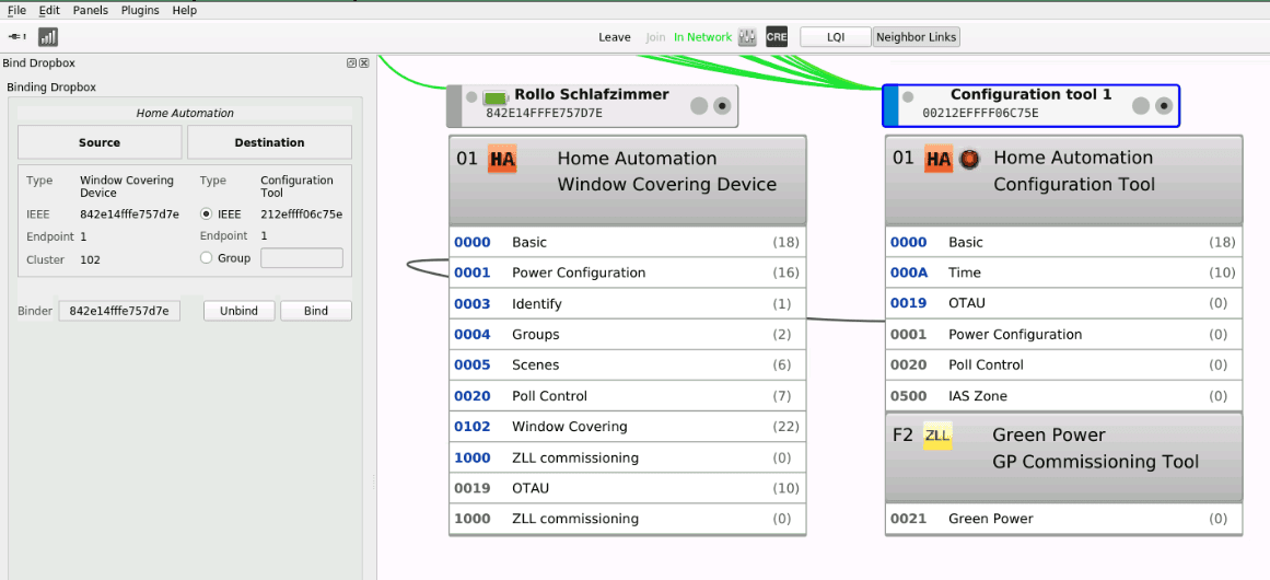 A binding is configured between the blinds and a deCONZ device